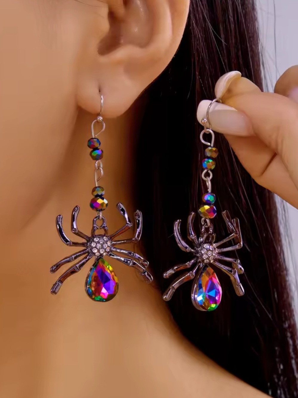 Multicolor Iridescent Spider Drop Earrings for Women